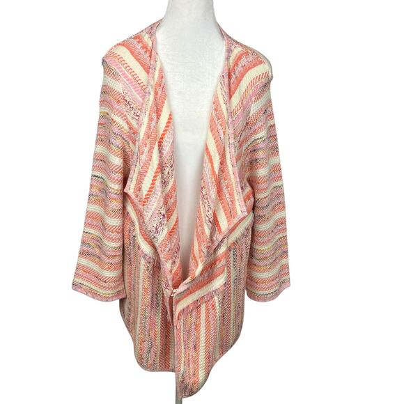 Chicos Womens Cardigan Size XL Peach Lilac Striped Fringe Tweed Draped Boho - Picture 1 of 9